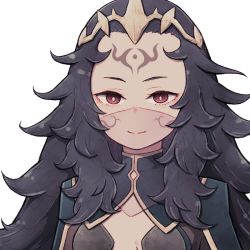 Rule 34 | 1girl, black hair, breasts, bright pupils, circlet, cleavage cutout, closed mouth, clothing cutout, commentary, commission, english commentary, facial mark, fire emblem, fire emblem fates, forehead mark, lamb-oic029, long hair, looking at viewer, mask, mouth mask, nintendo, nyx (fire emblem), red eyes, simple background, small breasts, smile, solo, white background, white pupils