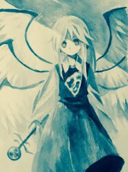 Rule 34 | 1girl, blue theme, bright pupils, collared shirt, commentary request, cowboy shot, dress, feathered wings, flat chest, highres, holding, holding wand, kaigen 1025, long hair, long sleeves, looking at viewer, monochrome, multiple wings, no mouth, painting (medium), sariel (touhou), shirt, touhou, touhou (pc-98), traditional media, wand, watercolor (medium), wings