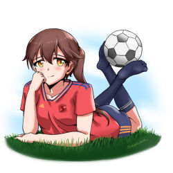 Rule 34 | 1girl, 2022 fifa world cup, angela salas larrazabal, ball, blue shorts, blue socks, blush, brown eyes, brown hair, crossed ankles, grass, head rest, kuni-kun, light smile, lying, on stomach, red shirt, shirt, short hair, shorts, soccer ball, soccer uniform, socks, solo, sportswear, strike witches: kurenai no majo-tachi, the pose, twitter username, white background, world cup, world witches series