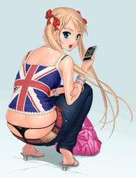 Rule 34 | 1girl, aqua hair, ass, bag, black panties, blonde hair, bracelet, brown hair, camisole, cellphone, clothes tag, clothing tag, denim, feet, flag print, gradient background, highres, iphone, jewelry, looking back, lowleg, lowleg pants, necklace, original, panties, pants, phone, print shirt, red-p, sandals, shirt, smartphone, soles, solo, squatting, string panties, thong, underwear, union jack, whale tail (clothing)