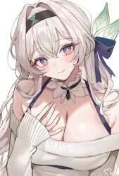 Rule 34 | 1girl, absurdres, bare shoulders, blush, breasts, cleavage, detached collar, firefly (honkai: star rail), hair between eyes, hair intakes, hair ornament, hair ribbon, hairband, highres, honkai: star rail, honkai (series), long hair, long sleeves, looking at viewer, mell (dmwe3537), multicolored eyes, nail polish, ribbon, simple background, sleeves past wrists, solo, upper body, white background, white hair