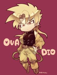 Rule 34 | 1boy, belt, black shirt, blonde hair, character name, chibi, chibi only, closed mouth, dio brando, earrings, hand on own hip, heart, jacket, jewelry, jojo no kimyou na bouken, kotorai, male focus, no nose, pants, pectorals, pink background, red eyes, shirt, signature, solo, v-shaped eyebrows, yellow jacket, yellow pants