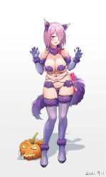 Rule 34 | 1girl, absurdres, animal ear fluff, animal ears, bare shoulders, blush, boots, bow, breasts, candle, claw pose, cleavage, dated, elbow gloves, fang, fate/grand order, fate (series), flying sweatdrops, full body, fur-trimmed boots, fur-trimmed gloves, fur collar, fur trim, gloves, hair over one eye, high heel boots, high heels, highres, jack-o&#039;-lantern, large breasts, looking at viewer, mash kyrielight, mash kyrielight (dangerous beast), navel, official alternate costume, open mouth, pink bow, pink hair, pumpkin, purple eyes, purple footwear, purple gloves, revealing clothes, short hair, simple background, skindentation, solo, standing, tail, thigh boots, thighhighs, white background, wolf ears, wolf tail, yinori
