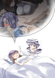 Rule 34 | 4girls, bed sheet, blanket, blue eyes, blue hair, blush, breast rest, breasts, brown hair, dreaming, drooling, female pervert, flat chest, grabbing another&#039;s hair, grin, hijiri byakuren, kumoi ichirin, long hair, mouth hold, multicolored hair, multiple girls, nude, open mouth, own hands together, personification, pervert, pillow, purple hair, rough sex, shaded face, short hair, smile, sorcerer&#039;s sutra scroll, stealth sex, tatara kogasa, team shanghai alice, touhou, yellow eyes, yohane, yuri