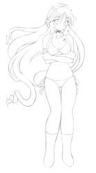 Rule 34 | 1girl, bell, bikini, breasts, choker, cow horns, cowbell, gomamiso (gomamiso sp), greyscale, highres, horns, lineart, long hair, looking at viewer, monochrome, original, smile, solo, swimsuit, ushita kaoruko, very long hair