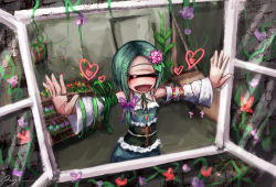 Rule 34 | 1girl, :d, aqua hair, corset, cross, cyclops, detached sleeves, closed eyes, female focus, flower, green hair, hair flower, hair ornament, hairclip, heart, lotus (ray-k), monster girl, one-eyed, open mouth, open window, original, outstretched arms, plant, ray-k, ribbon, short hair, smile, solo, spread arms, vines, window