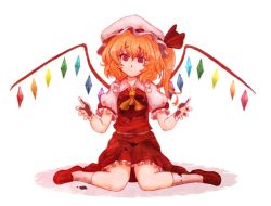 Rule 34 | 1girl, blonde hair, colored pencil (medium), female focus, flandre scarlet, hat, hat ribbon, looking at viewer, no mouth, red eyes, ribbon, side ponytail, sitting, solo, tears, terrajin, touhou, traditional media, wariza, white background, wings