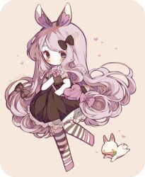Rule 34 | 1girl, animal ear fluff, animal ears, artist name, bag, black bow, black eyes, black skirt, black thighhighs, blue eyes, blush, blush stickers, bow, bow legwear, bowtie, carrot, chibi, closed mouth, collar, collared shirt, commentary, commission, curly hair, english commentary, eyelashes, food, frilled shirt collar, frills, grey shirt, hair bow, handbag, heart, heart-shaped bag, highres, holding, holding food, holding strap, lace, lace-trimmed skirt, lace trim, light smile, littlebluemuffin, long hair, looking at viewer, miniskirt, mouth hold, multiple hair bows, original, painttool sai (medium), pink hair, puffy short sleeves, puffy sleeves, purple bag, purple bow, purple bowtie, purple footwear, rabbit, rabbit ears, rabbit tail, see-through, see-through sleeves, shirt, shoes, short sleeves, skirt, sleeve bow, solid oval eyes, striped clothes, striped thighhighs, tail, thighhighs, two-tone thighhighs, very long hair, white collar, white thighhighs, yellow background