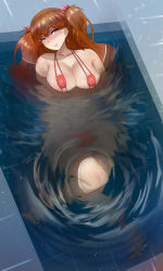 Rule 34 | 1girl, absurdres, alternate breast size, artist request, bikini, blue eyes, blush, breasts, brown hair, cleavage, highres, large breasts, legs, lipstick, looking at viewer, makeup, neon genesis evangelion, parted lips, partially submerged, red bikini, smile, souryuu asuka langley, swimsuit, thighs, tub, twintails, water