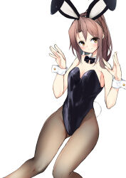 Rule 34 | 1girl, alternate costume, animal ears, black bow, black bowtie, black leotard, black pantyhose, bow, bowtie, breasts, brown eyes, brown hair, detached collar, highres, kantai collection, leotard, long hair, looking at viewer, pantyhose, playboy bunny, ponytail, rabbit ears, simple background, small breasts, solo, strapless, strapless leotard, white background, wrist cuffs, zarashi, zuihou (kancolle)