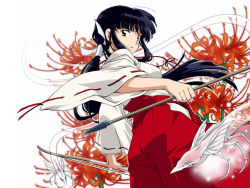 Rule 34 | 1girl, arrow (projectile), artist request, black hair, bow (weapon), creature, flower, hakama, hakama skirt, holding, inuyasha, japanese clothes, kikyou (inuyasha), long hair, looking at viewer, looking back, miko, official art, official wallpaper, ponytail, red hakama, skirt, solo, spider lily, wallpaper, weapon