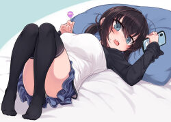 Rule 34 | 1girl, aqua eyes, black hair, black shirt, black thighhighs, blue skirt, blush, breasts, candy, commentary request, food, hair between eyes, holding, holding phone, large breasts, lollipop, long hair, long sleeves, looking at viewer, lying, miniskirt, mole, mole under eye, null (nyanpyoun), on back, on bed, original, phone, pillow, ponytail, sacabambaspis, shirt, skirt, solo, thighhighs, two-tone shirt, white shirt, zettai ryouiki