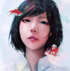 Rule 34 | 1girl, absurdres, air bubble, black eyes, black hair, bubble, collared shirt, fish, goldfish, highres, lips, looking at viewer, nose, original, parted lips, portrait, realistic, revision, shirt, short hair, solo, swept bangs, teeth, wataboku, white shirt, wing collar