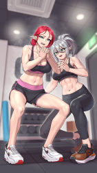 Rule 34 | 2girls, abs, aqua eyes, breasts, ceiling, ceiling light, cleavage, door, exit sign, from below, glasses, green eyes, gym, hair between eyes, hand on another&#039;s thigh, highres, indoors, large breasts, looking at another, lyoung0j, multiple girls, muscular, muscular female, navel, nike (company), open mouth, original, own hands together, pants, pointy ears, ponytail, red hair, shoes, short hair, shorts, sidelocks, sneakers, sports bra, sportswear, squatting, stained clothes, steam, stomach, sweat, sweaty clothes, weights, white hair