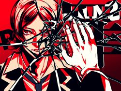 Rule 34 | 1boy, bad id, bad pixiv id, close-up, copyright name, crack, cracked glass, flipped hair, limited palette, male focus, necktie, parted lips, persona, persona 2, persona 2 tsumi, reflection, school uniform, smile, smirk, smug, spot color, suou tatsuya, yasui (neu032)