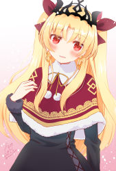 Rule 34 | 1girl, alternate costume, blonde hair, blush, bow, commentary, crown, earrings, ereshkigal (fate), fate/grand order, fate (series), hand on own chest, highres, jewelry, looking at viewer, mochizuki shion, poncho, red bow, red eyes, simple background, smile, solo