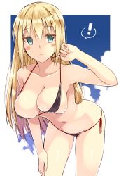 Rule 34 | !, 10s, 1girl, :o, armpits, bare arms, bare shoulders, bent over, bikini, bismarck (kancolle), black bikini, blonde hair, blue eyes, blue sky, blush, border, breasts, cleavage, cloud, collarbone, day, eyebrows, hand on own thigh, hand on thigh, hanging breasts, kantai collection, large breasts, long hair, looking at viewer, micro bikini, navel, ohta yuichi, parted lips, pulling own clothes, red ribbon, ribbon, side-tie bikini bottom, sky, solo, speech bubble, spoken exclamation mark, standing, stomach, strap gap, strap pull, swimsuit, tareme, thighs, very long hair, white border