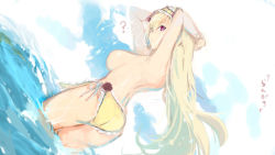 Rule 34 | 1girl, ?, armpits, arms up, ass, back, bare back, bikini, blonde hair, bracelet, breasts, breasts out, closed mouth, commentary request, flower, frilled bikini, frills, hair ornament, jewelry, large breasts, leo (senran kagura), long hair, looking at viewer, looking back, ocean, official art, purple eyes, senran kagura, shoulder blades, side-tie bikini bottom, simple background, solo, standing, swimsuit, topless, very long hair, wading, water, yaegashi nan, yellow bikini