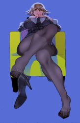 Rule 34 | 10s, 1girl, alternate costume, bad id, bad twitter id, black necktie, blue background, breasts, brown hair, chair, crossed legs, feet, female focus, formal, from below, green eyes, highres, hohehohe, kantai collection, large breasts, leaning back, legs, long sleeves, looking at viewer, looking down, miniskirt, mutsu (kancolle), nail polish, necktie, pantyhose, pinstripe pattern, pinstripe suit, red nails, shirt, shoe dangle, short hair, simple background, sitting, skirt, skirt suit, smile, solo, striped, suit, toenail polish, toenails, white shirt