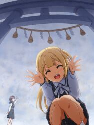 Rule 34 | 22/7, 2girls, :d, ^ ^, black dress, blonde hair, closed eyes, cloud, cloudy sky, dress, feet out of frame, fisheye, from below, fujima sakura, grey hair, igashiko, long hair, long sleeves, looking at viewer, multiple girls, neck ribbon, one side up, open hands, open mouth, orihara sumika, outdoors, pleated skirt, ribbon, rope, shimenawa, shirt, shrine, single hair ring, skirt, sky, smile, solo focus, squatting, teeth, torii, upper teeth only, white ribbon, white shirt