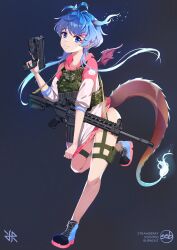 1girl antenna_hair aqua_hair artist_logo black_footwear blue_eyes blue_hair blue_horns copyright_name dragon_girl dragon_horns dragon_tail fingernails gradient_hair gun hair_ornament hairclip handgun highres hiroki_ree holding holding_gun holding_weapon holster hood hood_down hoodie horns indie_virtual_youtuber jacket load_bearing_vest logo long_fingernails long_hair looking_at_viewer multicolored_hair nail_polish pink_jacket pointy_ears rifle second-party_source shoes simple_background solo tail thigh_holster thigh_strap virtual_youtuber weapon weapon_request wings x_hair_ornament