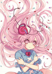 Rule 34 | 1girl, bandaid, blue shirt, blue sleeves, blush, collar, cross, crossed arms, hair between eyes, hands up, hata no kokoro, heart, heart-shaped pupils, highres, kyouda suzuka, long hair, looking at viewer, mask, open mouth, pill, pink eyes, pink hair, pink skirt, puffy short sleeves, puffy sleeves, shirt, short sleeves, simple background, skirt, solo, symbol-shaped pupils, touhou, white background