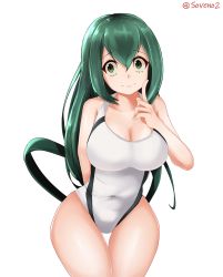 1girl asui_tsuyu boku_no_hero_academia breasts cleavage commentary competition_swimsuit covered_navel cowboy_shot green_eyes green_hair highres impossible_clothes impossible_swimsuit index_finger_raised large_breasts long_hair looking_at_viewer one-piece_swimsuit simple_background soveno standing swimsuit thigh_gap twitter_username white_background white_one-piece_swimsuit