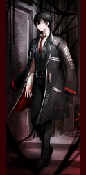 Rule 34 | 1boy, bad id, bad twitter id, belt, black coat, black eyes, black hair, black pants, black vest, blouse, closed mouth, coat, dolsig ilangnolja, formal, full body, highres, limbus company, long sleeves, looking at viewer, necktie, pants, polo shirt, project moon, red necktie, shirt, short hair, solo, vest, walking, white shirt, yi-sang, yi sang (project moon)