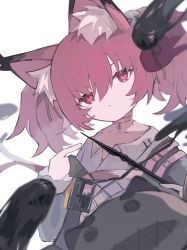 Rule 34 | 1girl, absurdres, animal ear fluff, animal ears, arknights, fox ears, hair between eyes, hair ornament, head tilt, heart, heart-shaped pupils, highres, id card, looking at viewer, medium hair, nacoty, pink eyes, pink hair, pointing, pointing at self, shamare (arknights), shirt, skull hair ornament, solo, symbol-shaped pupils, twintails, white background, white shirt