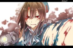 Rule 34 | 10s, 1girl, ascot, beret, berukko, blood, blood on face, brown hair, cannon, damaged, hat, kantai collection, letterboxed, long hair, looking at viewer, open mouth, personification, smile, solo, takao (kancolle), torn clothes, tsukamoto minori, upper body