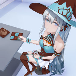 Rule 34 | 1girl, bad id, bad pixiv id, bed, blue eyes, blush, box, box of chocolates, chocolate, collar, fate/grand order, fate (series), food, gift, grey hair, hat, highres, looking at viewer, morgan le fay (fate), morgan le fay (valentine witches) (fate), nail polish, solo, spiked collar, spikes, table, torayotorayomonekonouchi, valentine, witch, witch hat