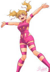 Rule 34 | absurdres, armband, artist name, bodysuit, boots, breasts, brown hair, commentary, dated, dutch angle, fresh precure!, highres, hot limit, medium breasts, medium hair, momozono love, open mouth, outstretched arms, pink bodysuit, pink eyes, pink footwear, precure, satou yasu, signature, simple background, smile, spread arms, standing, t.m.revolution, twintails, white background, wristband