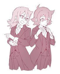 Rule 34 | 10s, 2girls, ahoge, alternate costume, artist request, commentary request, croix meridies, crossdressing, formal, little witch academia, monochrome, multiple girls, shiny chariot, short hair, suit, tuxedo, aged down