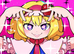 Rule 34 | 1girl, alice margatroid, blue eyes, blush, capelet, commentary, cookie (touhou), double v, food-themed hair ornament, frilled sleeves, frills, gram 9, hair ornament, hairband, highres, hoshino ai&#039;s pose, ichigo (cookie), looking at viewer, medium bangs, necktie, open mouth, oshi no ko, pink background, pose imitation, puffy short sleeves, puffy sleeves, red hairband, red necktie, round teeth, shirt, short hair, short sleeves, smile, solo, sparkle, star-shaped pupils, star (symbol), strawberry hair ornament, symbol-shaped pupils, teeth, touhou, upper body, upper teeth only, v, white capelet, white shirt