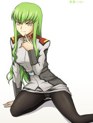 Rule 34 | 1girl, arm support, belt, black pantyhose, c.c., clothes lift, code geass, cosplay request, finger to mouth, green hair, grey jacket, grey skirt, gundam, highres, index finger raised, jacket, long hair, military, military uniform, miniskirt, panties, panties under pantyhose, pantyhose, pencil skirt, setu kurokawa, simple background, sitting, skirt, skirt lift, smile, solo, underwear, uniform, very long hair, white background, yellow eyes