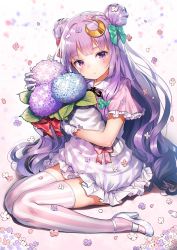 Rule 34 | 1girl, blue bow, blue flower, blush, bouquet, bow, capelet, commentary request, crescent, crescent hair ornament, double bun, dress, flower, frilled capelet, frills, gradient background, hair bow, hair bun, hair ornament, head tilt, high heels, highres, holding, holding flower, hydrangea, long hair, looking at viewer, no headwear, patchouli knowledge, petals, pink background, pink bow, pink capelet, pink flower, pink thighhighs, purple eyes, purple flower, purple hair, pyonsuke (pyon2 mfg), red bow, shadow, short dress, sidelocks, sitting, solo, striped clothes, striped dress, striped thighhighs, thighhighs, thighs, touhou, two side up, vertical-striped clothes, vertical-striped dress, vertical-striped thighhighs, very long hair, wariza, white background, white dress, white thighhighs