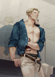 Rule 34 | 1boy, arm support, bandaged chest, bandages, belt, black male underwear, blonde hair, blood, bloody bandages, blue shirt, chinese commentary, collarbone, commentary request, cowboy shot, grey pants, guttia, indoors, jujutsu kaisen, looking at viewer, loose belt, male focus, male underwear, mirror, nanami kento, open clothes, open shirt, pants, pectorals, reflection, shirt, short hair, sleeves rolled up, solo, underwear, very short hair