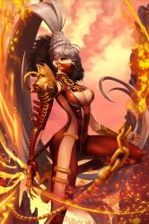 Rule 34 | 10s, 1girl, absurdly long hair, alternate color, armor, artist request, blade &amp; soul, bodysuit, bracer, breasts, center opening, chain, character request, cowboy shot, elbow gloves, female focus, fingerless gloves, fire, fur collar, gloves, half mask, high ponytail, large breasts, long hair, mask, mountain, mouth mask, ninja, official art, orange eyes, pauldrons, shoulder armor, side slit, silver hair, single elbow glove, solo, unzipped, very long hair