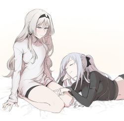 Rule 34 | 2girls, ak-12 (girls&#039; frontline), an-94 (girls&#039; frontline), blue eyes, blush, braid, closed mouth, closed eyes, girls&#039; frontline, grey hair, hand on own cheek, hand on own face, highres, long hair, long sleeves, lying, maiqo, midriff, multiple girls, navel, seiza, sitting, sweater, turtleneck, turtleneck sweater