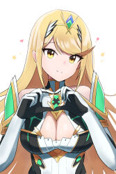 Rule 34 | 1girl, absurdres, bare shoulders, blonde hair, breasts, cleavage, cleavage cutout, closed mouth, clothing cutout, commentary, dress, elbow gloves, gloves, hands up, headpiece, heart, heart hands, highres, large breasts, long hair, looking at viewer, mythra (xenoblade), oruru63100814, simple background, smile, solo, star (symbol), upper body, very long hair, white background, white dress, white gloves, xenoblade chronicles (series), xenoblade chronicles 2, yellow eyes