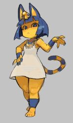 1girl animal_crossing ankha_(animal_crossing) blue_eyes blue_hair bob_cut dress full_body furry furry_female grey_background hand_on_own_hip highres looking_at_viewer nintendo panties piku184 see-through see-through_dress sketch solo striped_clothes striped_panties underwear usekh_collar