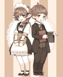Rule 34 | 10s, 1boy, 1girl, apron, bad id, bad pixiv id, brown eyes, brown hair, butler, final fantasy, final fantasy xiv, formal, full body, gloves, highres, lalafell, looking at viewer, maid, maid apron, maid headdress, menu, monocle, nagu, pointy ears, red eyes, striped, striped background, suit, warrior of light (ff14), white gloves, white legwear