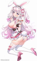 Rule 34 | 1girl, animal ears, armpit crease, ass, ayamy, blue eyes, breasts, cake, carrot, carrot cake, cleavage, closed mouth, dress, fake animal ears, fake tail, food, fork, high heels, highres, holding, holding fork, holding plate, indie virtual youtuber, kneeling, large breasts, light blush, looking at viewer, multicolored hair, panties, pink hair, plate, rabbit ears, rabbit tail, sideboob, simple background, smile, solo, tail, thighhighs, twintails, underwear, virtual youtuber, white background, white hair, white panties, white thighhighs, yasou toiki