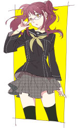 Rule 34 | 1girl, atlus, bad id, bad pixiv id, breasts, earrings, glasses, jewelry, kujikawa rise, lips, long hair, long sleeves, looking away, open mouth, persona, persona 4, pink hair, sailor, school uniform, skirt, solo, standing, thighhighs, twintails, unmoving pattern, yellow eyes, yoshida morohe