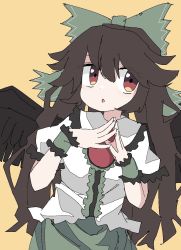 Rule 34 | 1girl, bird wings, black wings, blouse, bow, brown eyes, brown hair, center frills, collared shirt, flat chest, frilled shirt collar, frilled skirt, frills, green bow, green skirt, highres, iroha-kuro, long hair, own hands together, parted lips, puffy short sleeves, puffy sleeves, red eyes, reiuji utsuho, shirt, short sleeves, skirt, solo, touhou, upper body, white shirt, wings
