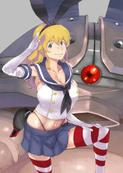 Rule 34 | 1girl, acguy, blonde hair, bow, breasts, cosplay, elbow gloves, freckles, gloves, green eyes, gundam, hair bow, hamushima, huge breasts, kantai collection, kay nimrod, large breasts, long hair, mecha, navel, panties, robot, salute, sd gundam g-generation, shimakaze (kancolle), shimakaze (kancolle) (cosplay), sideboob, skirt, socks, striped clothes, striped thighhighs, thighhighs, thong, underwear