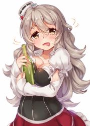 Rule 34 | 10s, 1girl, bad id, bad twitter id, bow, bowtie, breast press, breasts, brown eyes, covered navel, drunk, eyes visible through hair, hair between eyes, hat, kantai collection, large breasts, light brown hair, long hair, long sleeves, looking at viewer, mini hat, open mouth, pokoten (pokoten718), pola (kancolle), puffy long sleeves, puffy sleeves, shirt, short eyebrows, solo, upper body, wavy hair, wavy mouth, white shirt