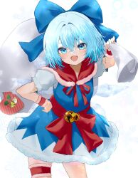 Rule 34 | 1girl, blue bow, blue dress, blue eyes, blue hair, bow, cape, christmas, cirno, dress, fur-trimmed dress, fur trim, hair bow, highres, ice, ice wings, large bow, mikan (manmarumikan), red bow, red cape, snowflakes, solo, touhou, white background, wings