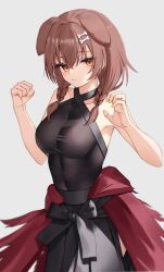 Rule 34 | 1girl, animal ears, bare arms, bare shoulders, black skirt, blush, bodystocking, bone hair ornament, braid, breasts, brown eyes, brown hair, cartoon bone, closed mouth, dog ears, dog girl, extra ears, grey background, hair between eyes, hair ornament, halterneck, hands up, highres, hololive, inugami korone, large breasts, looking at viewer, low twin braids, pleated skirt, side braids, sidelocks, simple background, skirt, solo, thomas 8000, twin braids, virtual youtuber, yellow nails