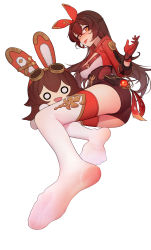 Rule 34 | 2girls, :p, absurdres, amber (genshin impact), animal ears, ass, baron bunny (genshin impact), blush, breasts, brown hair, brown shorts, cleavage, cropped jacket, feet, foot focus, foreshortening, full body, genshin impact, gloves, hair ornament, highres, jiachong jun z, long hair, long sleeves, looking at viewer, medium breasts, multiple girls, open clothes, pouch, rabbit ears, short shorts, shorts, simple background, soles, sweat, thighhighs, toes, tongue, tongue out, white background, white legwear, yellow eyes